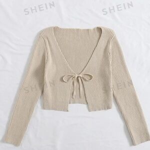 SHEIN Never Worn Tie Front Rib-knit Cardigan - Beige